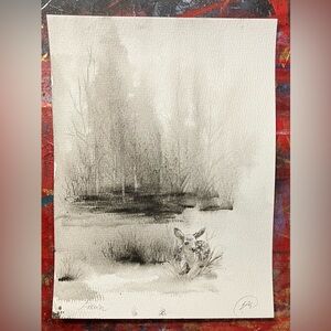Original Watercolor Painting Fawn in Forest Misty Woodland Art by Artettina 2026